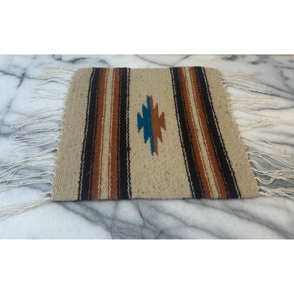 Vintage Southwestern Handwoven Wool Mini Rug Table Runner Cream Brown Turquoise